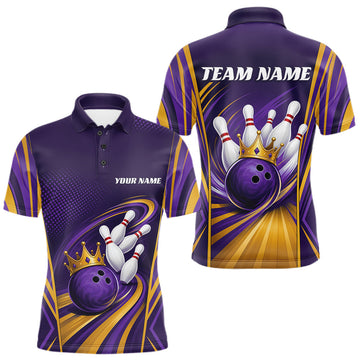 Maxcorners Custom Purple And Gold King Crown Bowling Team Men Polo Shirt, Bowling League Shirt