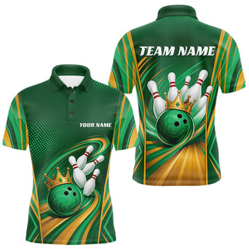 Maxcorners Custom Green And Gold King Crown Bowling Team Men Polo Shirt, Bowling League Shirt