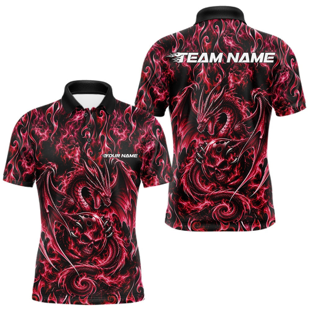 Maxcorners Red Flame Dragon With Skull Bowling Ball Custom Bowling Men Polo Shirt Bowling Jersey