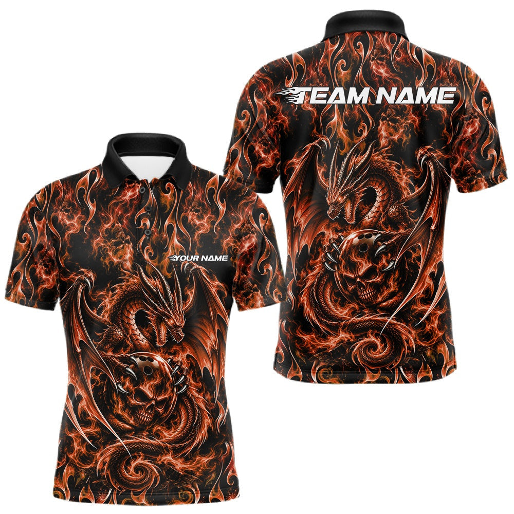 Maxcorners Orange Flame Dragon With Skull Bowling Ball Custom Bowling Men Polo Shirt Bowling Jersey