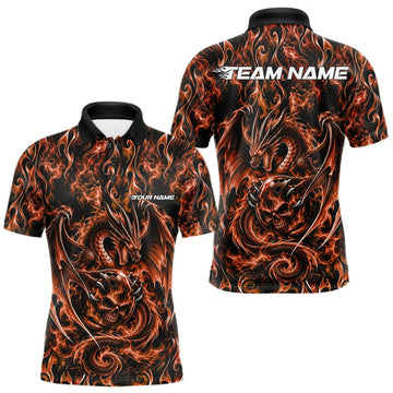 Maxcorners Orange Flame Dragon With Skull Bowling Ball Custom Bowling Men Polo Shirt Bowling Jersey