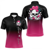 Maxcorners Custom Black And Pink Skull Valentines Day Couple Bowling Polo Shirts For Men