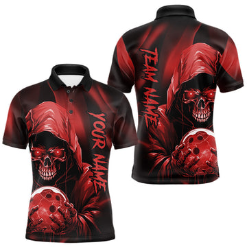 Maxcorners Red Bowling Grim Reaper Custom Men Bowling Polo Shirts Skull Bowling Team Jerseys