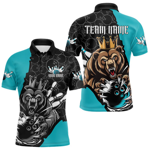 Maxcorners Black And Blue Custom Bear Bowling King Polo Shirts For Men, Bear Bowling Team Uniform