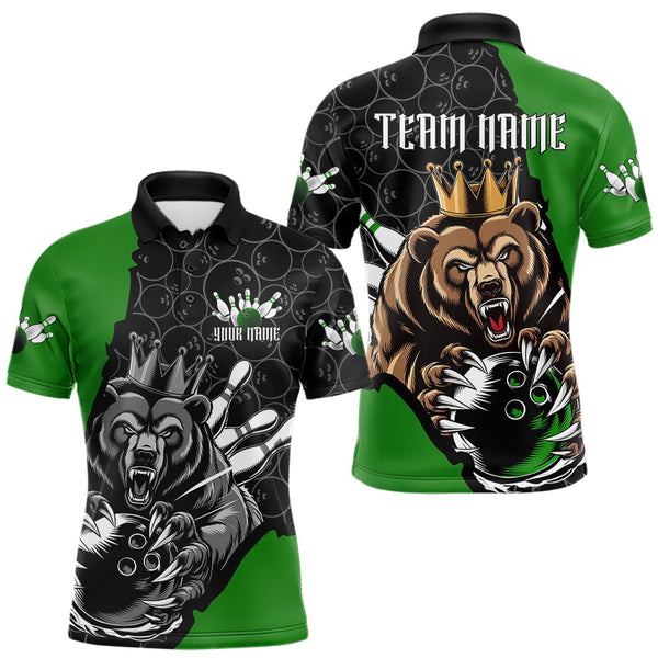 Maxcorners Black And Green Custom Bear Bowling King Polo Shirts For Men, Bear Bowling Team Uniform