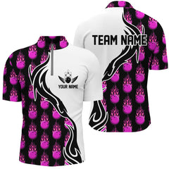 MaxCorners Bowling Ball And Pins Flame Multicolor Option Customized Name, Team Name 3D Stand Collar Zipper Polo Shirt