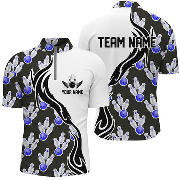 MaxCorners Bowling Ball And Pins Ball And Pins Pattern Multicolor Option Customized Name, Team Name 3D Stand Collar Zipper Polo Shirt