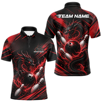 Maxcorners Custom Black And Red Flame Dragon Bowling Jersey, Dragon Bowling Men Polo Shirt LM1508