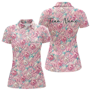 Custom Pastel Blue And Pink Butterfly Bowling Women Polo Shirt, Ladies Outfit LM1203