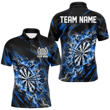 Maxcorners Custom Blue Flame And Thunder Lightning Dartboard Matching Dart Team Polo Shirt For Men