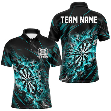 Maxcorners Custom Turquoise Flame And Lightning Dartboard Matching Dart Team Polo Shirt For Men