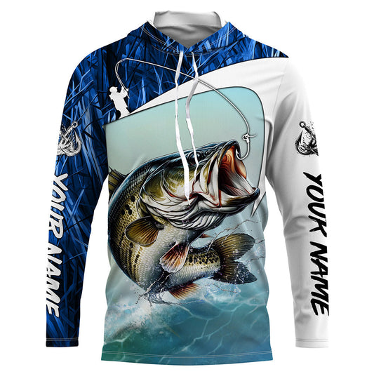Maxcorners Personalized Largemouth Bass Long Sleeve Tournament Fishing Shirts, Bass Fishing Jerseys | Blue Camo LM0201