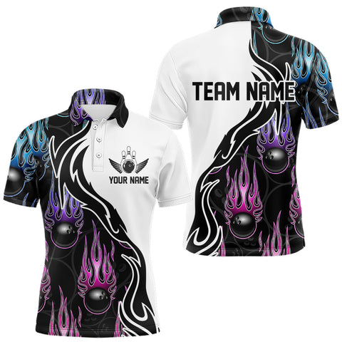 Maxcorners Pink Purple Blue Flame Ball Custom Bowling Team Men Polo Shirts, Fire Bowling League Shirt