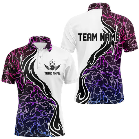 Maxcorners Blue Purple Pink Bowling Pattern Custom Bowling Team Men Polo Shirts, Bowling League Shirt LM113