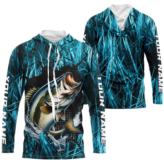 Maxcorners Largemouth Bass Fishing Custom Long Sleeve Tournament Shirts, Bass Fishing Jerseys | Blue Camo LM0201