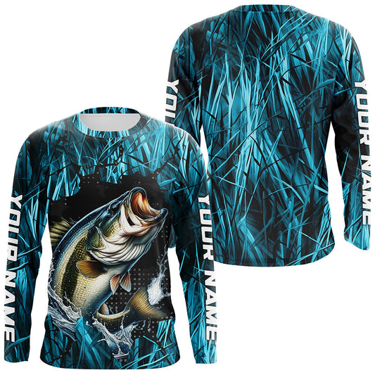 Maxcorners Largemouth Bass Fishing Custom Long Sleeve Tournament Shirts, Bass Fishing Jerseys | Blue Camo LM0201