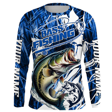 Maxcorners Personalized Largemouth Bass Long Sleeve Performance Fishing Shirts, Bass Fishing Jersey | Blue Camo LM0201