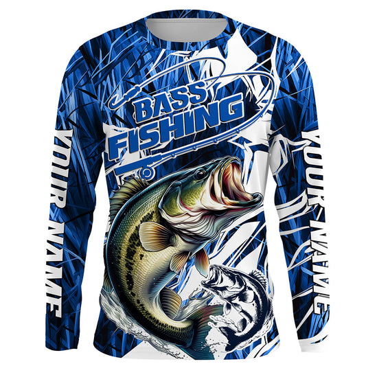 Maxcorners Personalized Largemouth Bass Long Sleeve Performance Fishing Shirts, Bass Fishing Jersey | Blue Camo LM0201