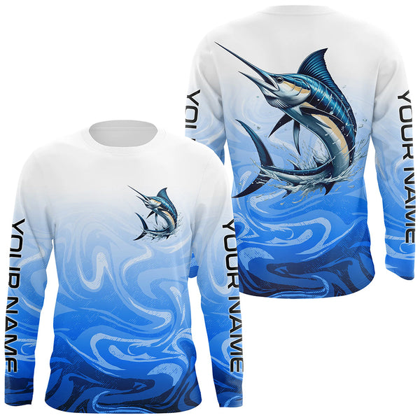 Maxcorners Marlin Fishing Custom Long Sleeve Performance Shirts, Marlin Saltwater Fishing Apparel | Blue Camo LM2408