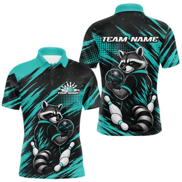 Maxcorners Custom Turquoise Blue Cool Looking Raccoon Bowling Jersey, Funny Bowling Men Polo Shirt LM1508