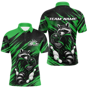 Maxcorners Custom Black And Green Cool Looking Raccoon Bowling Jersey, Funny Bowling Men Polo Shirt LM1508