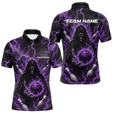 Maxcorners Custom Purple Lightning Grim Reaper Bowling Men Polo Shirt, Halloween Bowler Outfit
