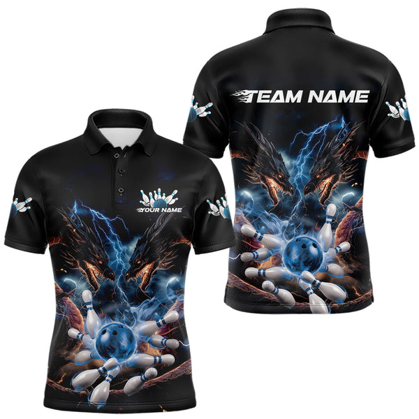 Maxcorners Custom Blue Lightning Flame Dragons Bowling Men Polo Shirt, Fire Dragon Bowling Jerseys LM1109