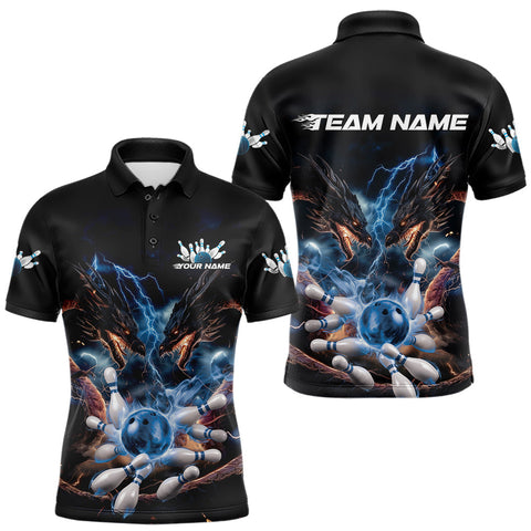Maxcorners Custom Blue Lightning Flame Dragons Bowling Men Polo Shirt, Fire Dragon Bowling Jerseys LM1109