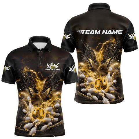 Maxcorners Custom Yellow Lightning Flame Dragons Bowling Men Polo Shirt, Fire Dragon Bowling Jerseys LM1109