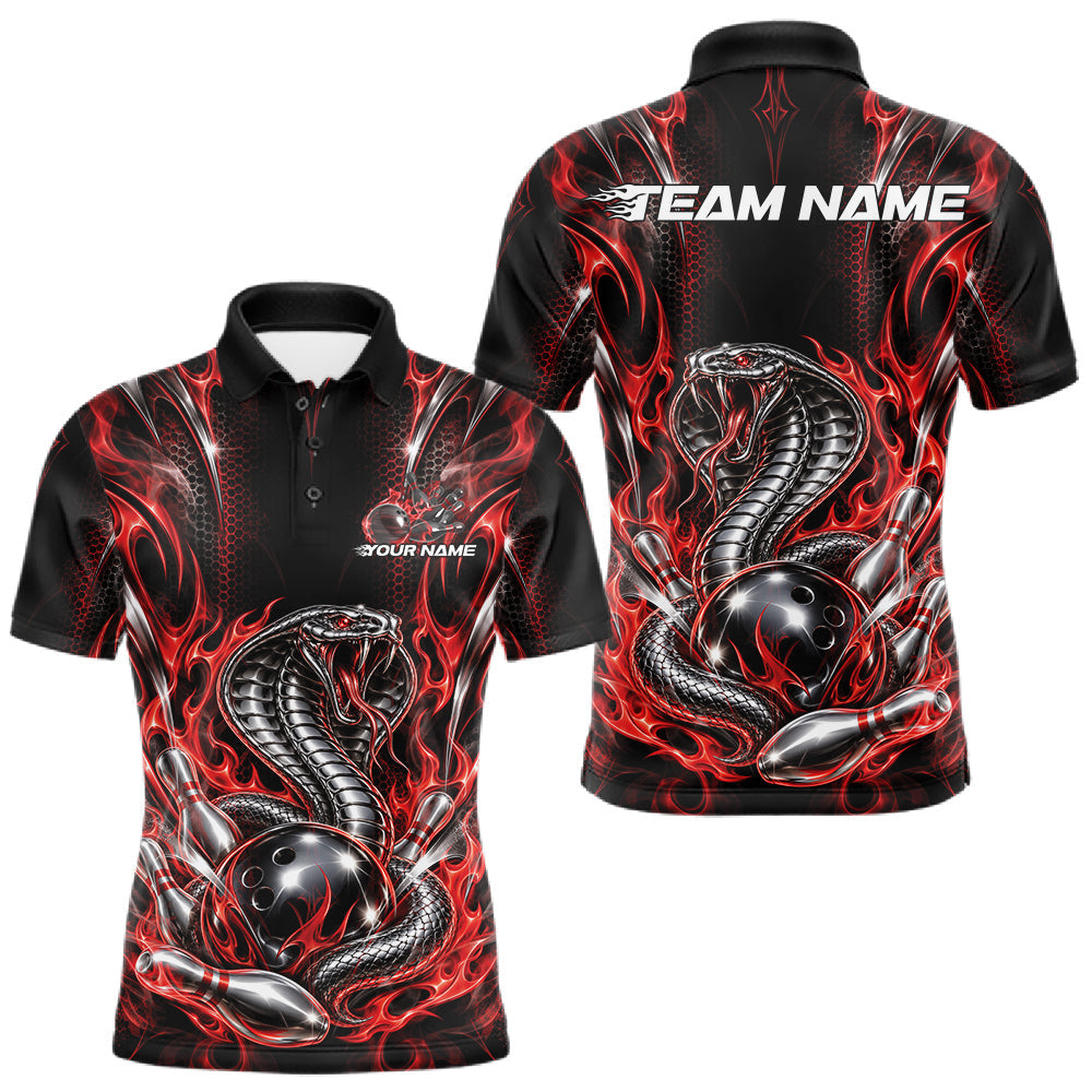 Maxcorners Black And Red Flame Cobra Snake Custom Bowling Men Polo Shirt, Bowling League Shirt