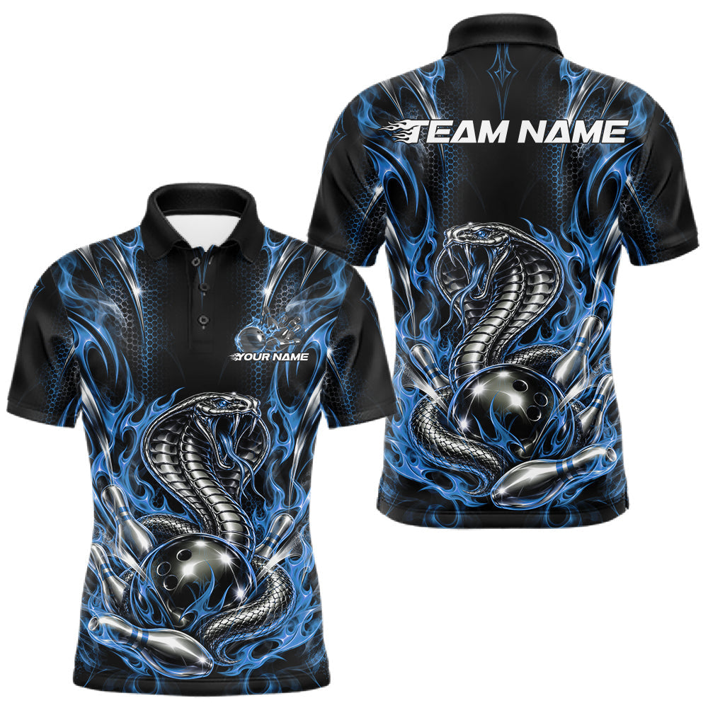 Maxcorners Black And Blue Flame Cobra Snake Custom Bowling Men Polo Shirt, Bowling League Shirt