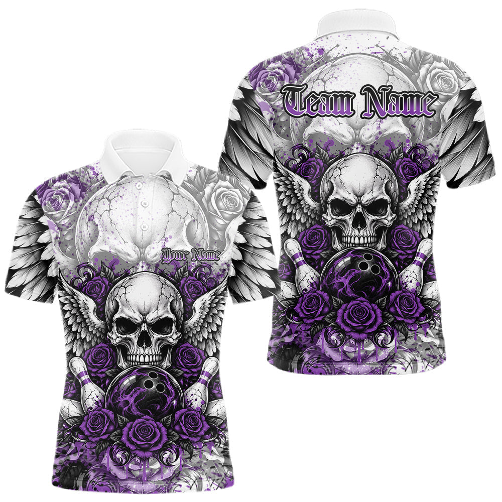 Maxcorners Purple Roses And Skull With Wings Custom Bowling Men Polo Shirt, Halloween Bowler Outfit