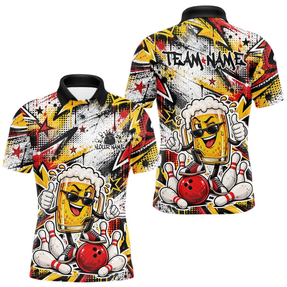 Maxcorners Yellow And Red Graffity Theme Custom Funny Beer Bowling Men Polo Shirt, Team Jersey