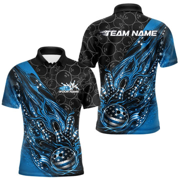 Maxcorners Custom Patriotic Blue Flame Bowling Shirts, US Flag Bowling Team Jerseys Freedom 4Th Of July Bowling Shirt 5 LM1501