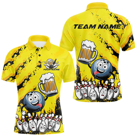 Maxcorners Custom Yellow Funny Bowling Men Polo Shirts, Bowling And Beer Party Bowlers Outfit LM1109