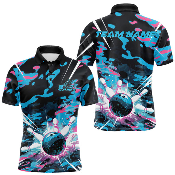 Maxcorners Custom Blue And Pink Camo Bowling Polo Shirt For Men, Camouflage Bowling Team Outfit LM1109
