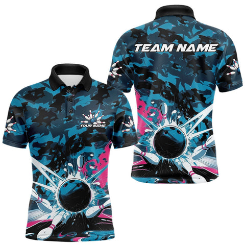 Maxcorners Custom Blue And Pink Camo Bowling Polo Shirts For Men, Camouflage Bowling Team Outfit LM1109