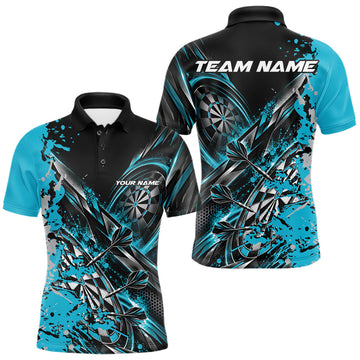Maxcorners Custom Black And Sky Blue Splatter Dart Team Men Polo Shirt, Dart League Jersey