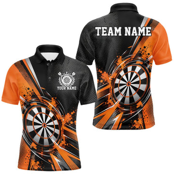 Maxcorners Custom Black And Orange Splatter Dart Men Polo Shirt, Dart League Team Jersey LM1910