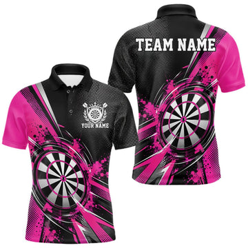 Maxcorners Custom Black And Pink Splatter Dart Men Polo Shirt, Dart League Team Jersey LM1910