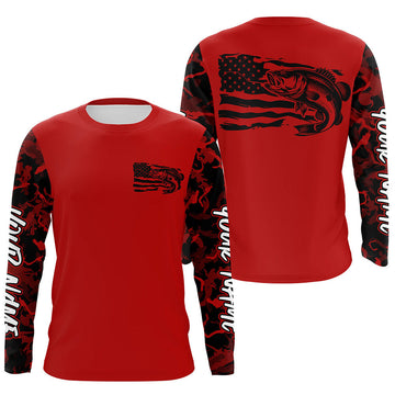 Maxcorners Red Camo US Flag Largemouth Bass Custom Patrotic Long Sleeve Fishing Shirt, Bass Fishing Jersey LM0501