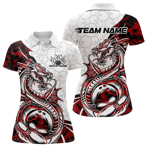 Maxcorners Custom Red Camo Dragon Bowling Tattoo Men Polo Shirts, Dragon Bowling League Team Shirt LM113