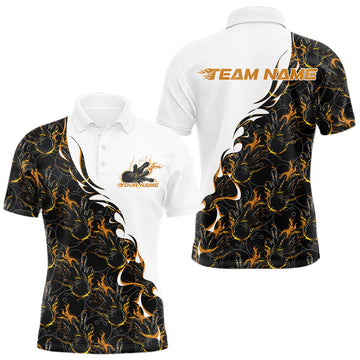 Maxcorners Custom Yellow Flame Bowling Men Polo Team Shirt, Bowling League Shirt Bowlers Outfit