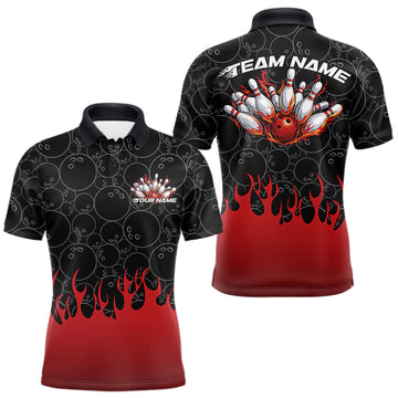 Maxcorners Custom Black And Red Flame Bowling Team Jerseys, Men Polo Bowling Tournament Shirt