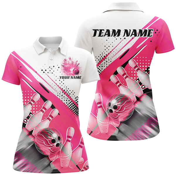 Maxcorners Bowling Ball And Pins Pink Pattern Customized Name, Team Anme 3D Polo Shirt