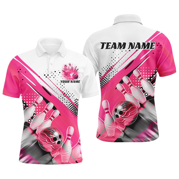 Maxcorners Bowling Ball And Pins Pink Pattern Customized Name, Team Anme 3D Polo Shirt