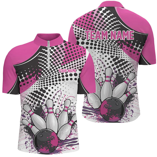 Maxcorners Bowling Ball And Pins Pink League  Customized Name, Team Anme 3D Polo Shirt