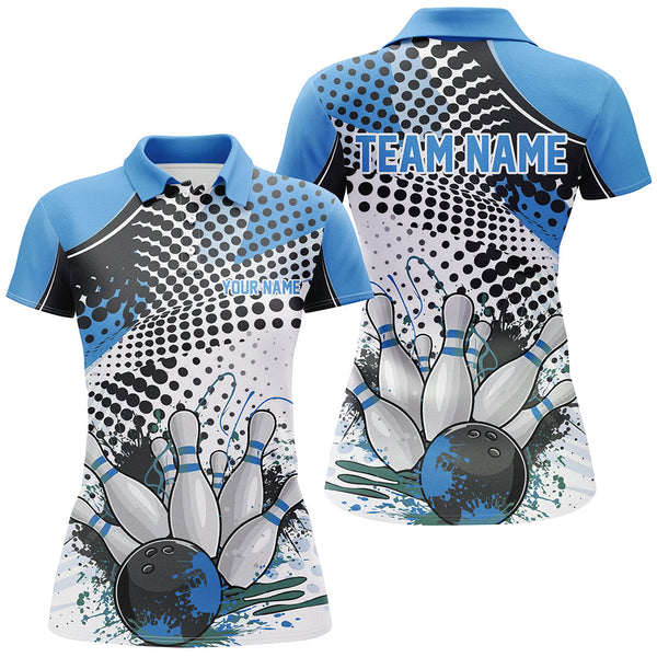 Maxcorners Bowling Ball And Pins Blue League  Customized Name, Team Anme 3D Polo Shirt