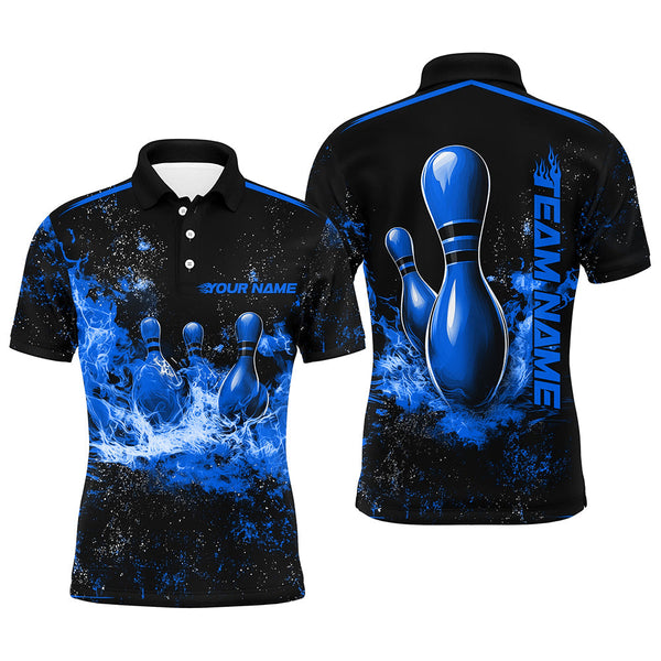 Maxcorners Black And Blue Ball Pins In Flame Bowling Jersey Customized Name, Team Name 3D Shirt