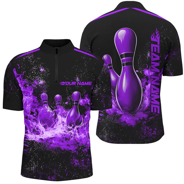 Maxcorners Black And Purple Ball Pins In Flame Bowling Jersey Customized Name, Team Name 3D Shirt